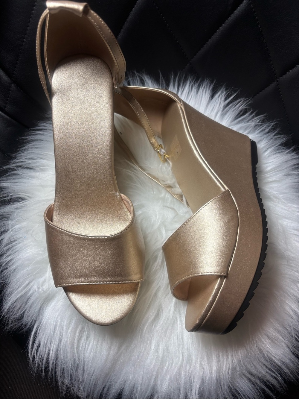 Metallic Gold Wedge Sandals for Women - Open Toe Platform Heels
